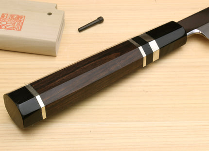 Yoshihiro Ginsan Mirror Polished Stain Resistant Steel Maguro Bocho Tuna Knife with Triple Silver Ring Ebony Handle (Sakimaru Takobiki Style) *Blade Length 17.7"