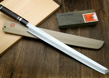 Yoshihiro Ginsan Mirror Polished Stain Resistant Steel Maguro Bocho Tuna Knife with Triple Silver Ring Ebony Handle (Sakimaru Takobiki Style) *Blade Length 17.7"