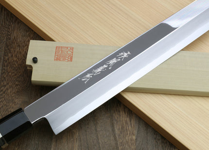 Yoshihiro Ginsan Mirror Polished Stain Resistant Steel Maguro Bocho Tuna Knife with Triple Silver Ring Ebony Handle (Yanagi-Kiritsuke Style) *Blade Length 17.7"