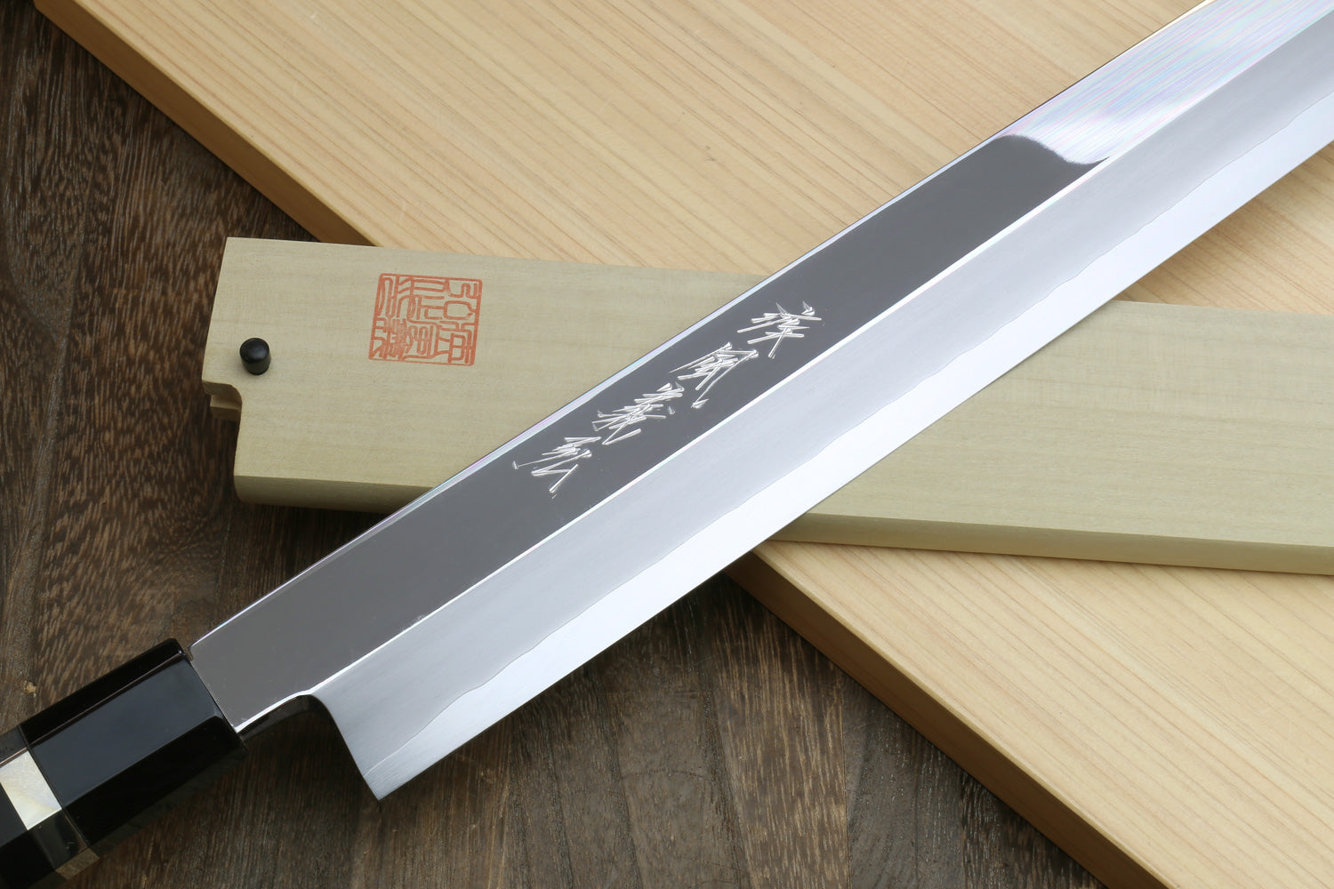 Yoshihiro Ginsan Mirror Polished Stain Resistant Steel Maguro Bocho Tuna Knife with Triple Silver Ring Ebony Handle (Yanagi-Kiritsuke Style) *Blade Length 17.7"