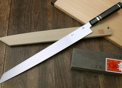 Yoshihiro Ginsan Mirror Polished Stain Resistant Steel Maguro Bocho Tuna Knife with Triple Silver Ring Ebony Handle (Yanagi-Kiritsuke Style) *Blade Length 17.7"