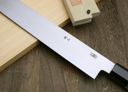 Yoshihiro Ginsan Mirror Polished Stain Resistant Steel Maguro Bocho Tuna Knife with Triple Silver Ring Ebony Handle (Yanagi-Kiritsuke Style) *Blade Length 17.7"