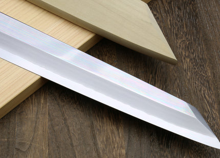 Yoshihiro Ginsan Mirror Polished Stain Resistant Steel Maguro Bocho Tuna Knife with Triple Silver Ring Ebony Handle (Yanagi-Kiritsuke Style) *Blade Length 17.7"