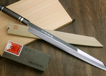 Yoshihiro Ginsan Mirror Polished Stain Resistant Steel Maguro Bocho Tuna Knife with Triple Silver Ring Ebony Handle (Yanagi-Kiritsuke Style) *Blade Length 17.7"