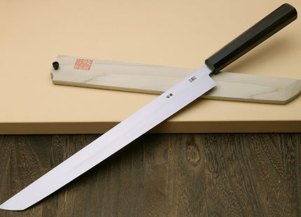 Yoshihiro Ginsan Mirror Polished Stain Resistant Steel Sakimaru Takobiki Sushi Sashimi Slicing Japanese Knife Ebony Handle