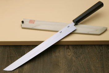 Japanese sashimi slicing knife with mirror-polished steel blade and ebony handle