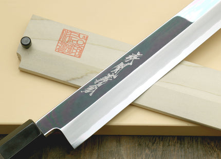 Yoshihiro Ginsan Mirror Polished Stain Resistant Steel Sakimaru Takobiki Sushi Sashimi Slicing Japanese Knife Ebony Handle