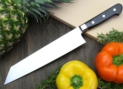 Yoshihiro High Speed Steel Kiritsuke Multipurpose Chefs Knife (Black Pakkawood Handle)
