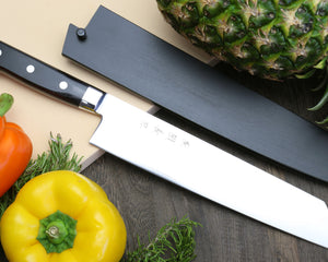 Yoshihiro High Speed Steel Kiritsuke Multipurpose Chefs Knife (Black Pakkawood Handle) w/ Lacquered Nuri Saya Cover