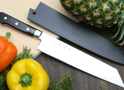 Yoshihiro High Speed Steel Kiritsuke Multipurpose Chefs Knife (Black Pakkawood Handle) w/ Lacquered Nuri Saya Cover