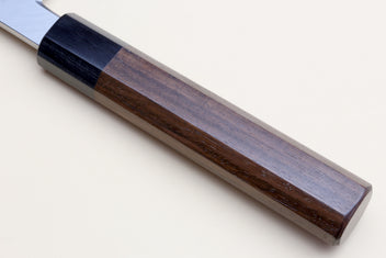 Rosewood handle with blue steel blade backing and bolster detail