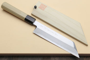 Japanese chef knife with light wooden handle and dark collar, polished steel blade