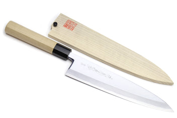 Japanese sashimi knife with light wood handle, black collar, pale silver blade