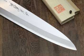 Sushi sashimi chef knife with long silver blade and etched markings, rosewood handle