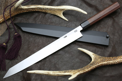 Yoshihiro Hongasumi Blue Steel Yanagi-Kiritsuke Sushi Sashimi Japanese Knife Rosewood Handle with Nuri Saya Cover