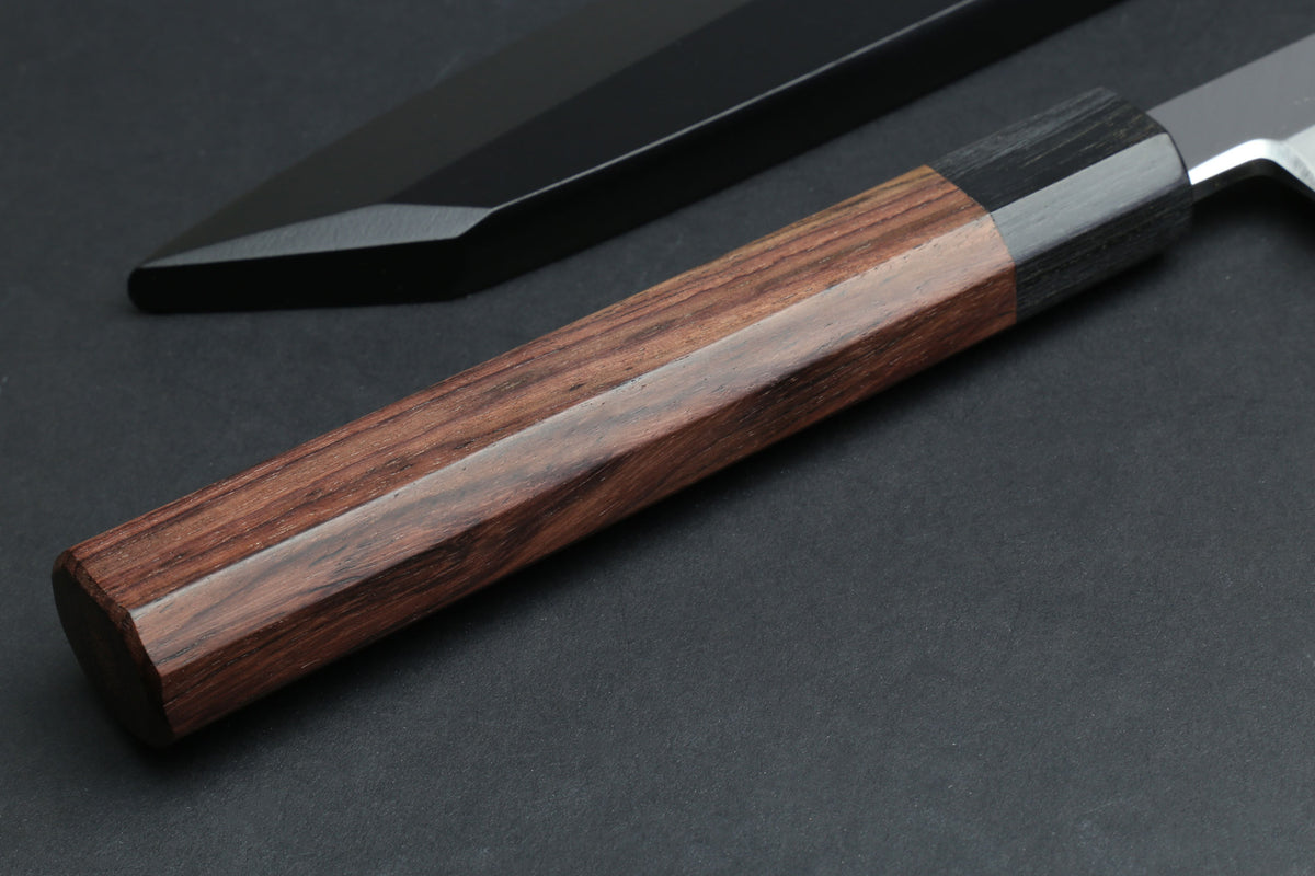 Rosewood handle with metal ferrule and Japanese yanagi blade