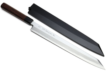 Japanese yanagi-kiritsuke knife with rosewood handle and dark saya cover