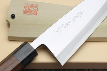 Deba fish fillet knife detail view, white blade with fine etching and rosewood handle