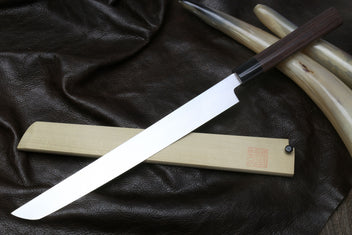 Japanese sushi knife with rosewood handle and light steel sakimaru blade, side view