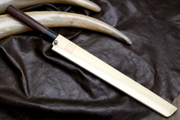 Japanese sushi knife with pale rosewood handle and light steel sakimaru blade