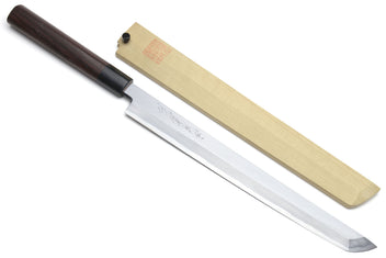 Japanese sushi knife with rosewood handle and pale wooden saya, full set
