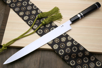 Yoshihiro Honyaki Aoko Blue Steel Mirror Finished Yanagi Sushi Sashimi Japanese knife with Triple Nickel Silver Ring Ebony Handle