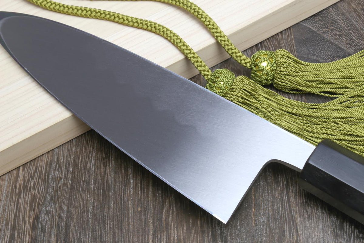 Mirror-finished deba sushi fillet knife with dark handle and green braided cord