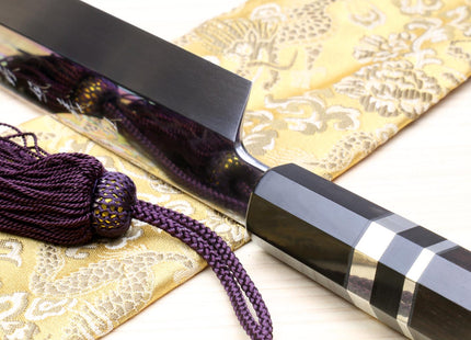 Yoshihiro Honyaki Mirror-Finished Namiukashi White Steel Yanagi Sushi Sashimi Japanese Knife with Triple Nickel Silver Ring Ebony Handle