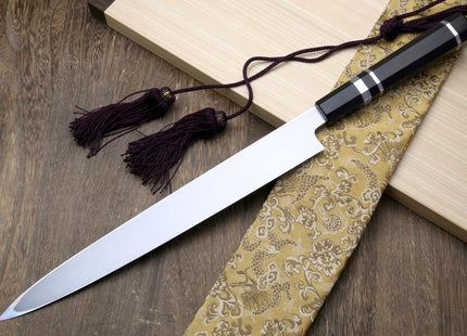Yoshihiro Honyaki Mirror-Finished Namiukashi White Steel Yanagi Sushi Sashimi Japanese Knife with Triple Nickel Silver Ring Ebony Handle