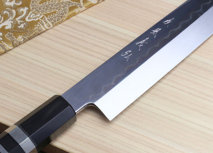 Yoshihiro Honyaki Mirror-Finished Namiukashi White Steel Yanagi Sushi Sashimi Japanese Knife with Triple Nickel Silver Ring Ebony Handle