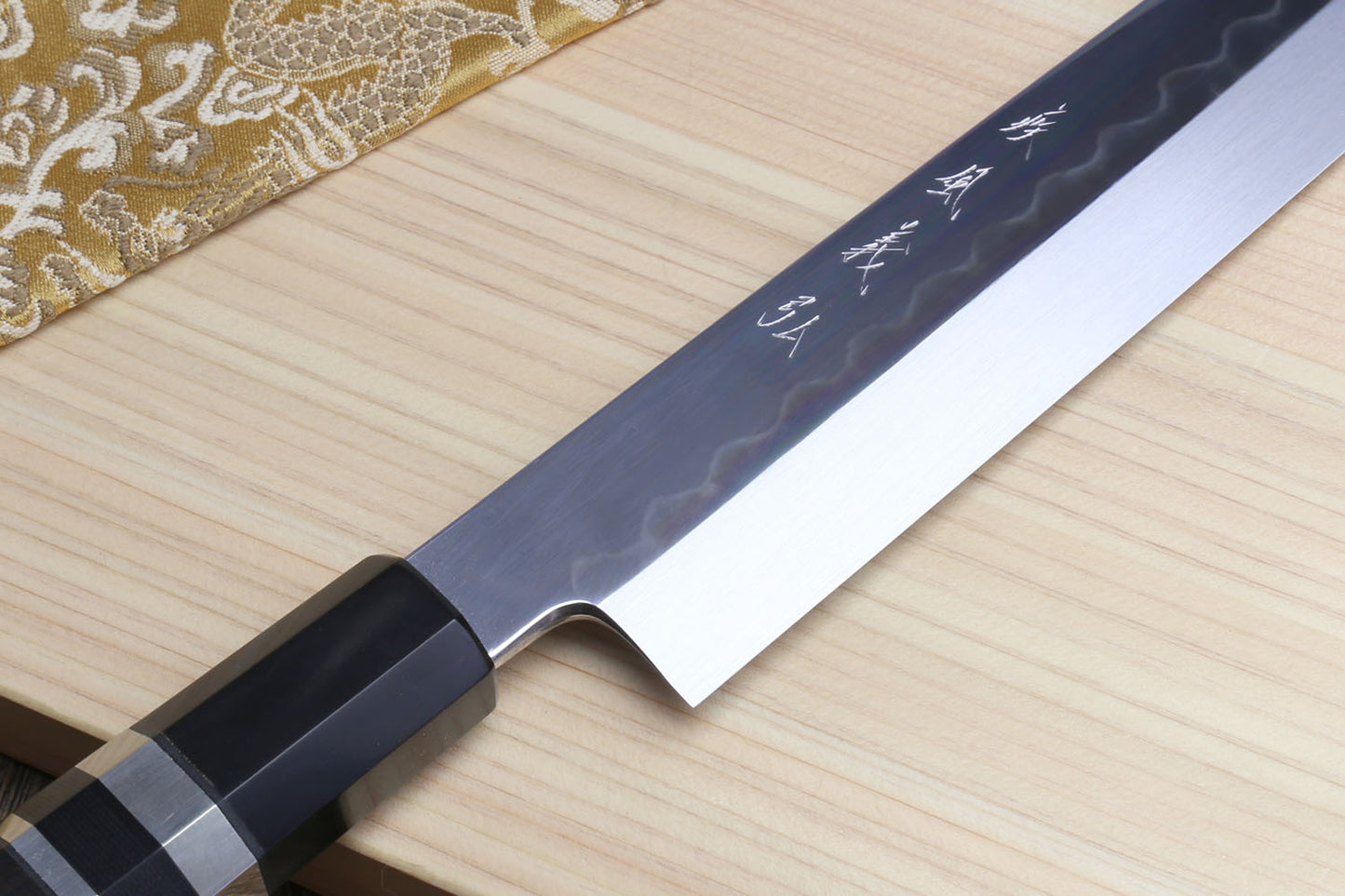 Yoshihiro Honyaki Mirror-Finished Namiukashi White Steel Yanagi Sushi Sashimi Japanese Knife with Triple Nickel Silver Ring Ebony Handle