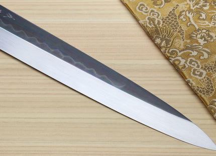 Yoshihiro Honyaki Mirror-Finished Namiukashi White Steel Yanagi Sushi Sashimi Japanese Knife with Triple Nickel Silver Ring Ebony Handle
