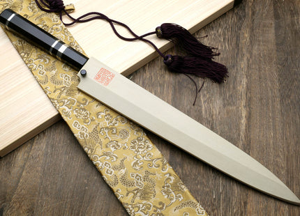 Yoshihiro Honyaki Mirror-Finished Namiukashi White Steel Yanagi Sushi Sashimi Japanese Knife with Triple Nickel Silver Ring Ebony Handle