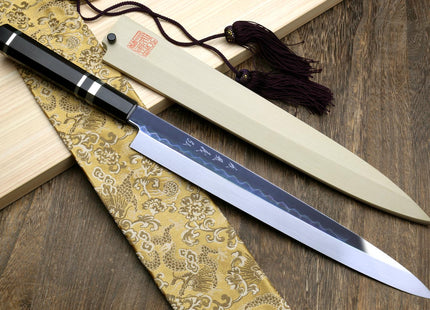 Yoshihiro Honyaki Mirror-Finished Namiukashi White Steel Yanagi Sushi Sashimi Japanese Knife with Triple Nickel Silver Ring Ebony Handle