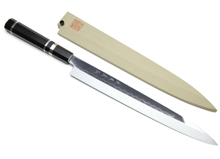 Yoshihiro Honyaki Mirror-Finished Namiukashi White Steel Yanagi Sushi Sashimi Japanese Knife with Triple Nickel Silver Ring Ebony Handle