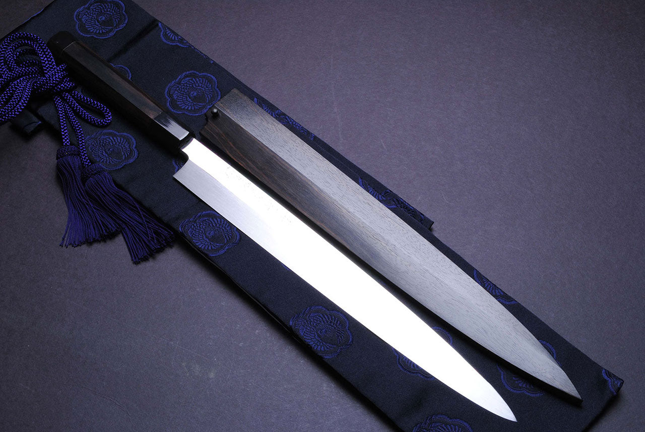 Yoshihiro Honyaki Mirror-Finished White Steel#1 line designs Mt.Fuji with Full Moon Yanagi 330mm Mizuyaki Ebony Handle