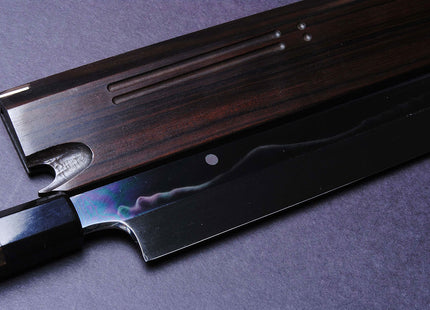 Yoshihiro Honyaki Mirror-Finished White Steel#1 line designs Mt.Fuji with Full Moon Yanagi 330mm Mizuyaki Ebony Handle