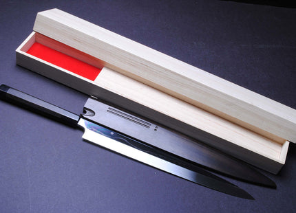 Yoshihiro Honyaki Mirror-Finished White Steel#1 line designs Mt.Fuji with Full Moon Yanagi 330mm Mizuyaki Ebony Handle