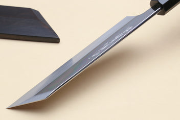 Japanese vegetable knife with long mirror-finished blade and black saya cover