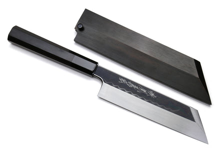 Yoshihiro Honyaki White Steel Mirror-Finished Namiukashi Kenmuki Japanese Single Edged Vegetable Knife with Premium Ebony Saya Cover