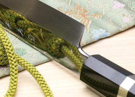 Yoshihiro Honyaki White Steel Mirror Finished Namiukashi Sakimaru Takobiki Sushi Sashimi Japanese Knife with Triple Nickel Silver Ring Ebony Handle