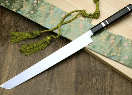 Yoshihiro Honyaki White Steel Mirror Finished Namiukashi Sakimaru Takobiki Sushi Sashimi Japanese Knife with Triple Nickel Silver Ring Ebony Handle