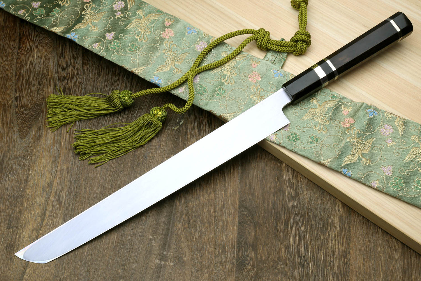 Yoshihiro Honyaki White Steel Mirror Finished Namiukashi Sakimaru Takobiki Sushi Sashimi Japanese Knife with Triple Nickel Silver Ring Ebony Handle