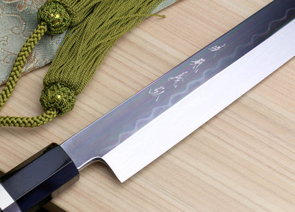 Yoshihiro Honyaki White Steel Mirror Finished Namiukashi Sakimaru Takobiki Sushi Sashimi Japanese Knife with Triple Nickel Silver Ring Ebony Handle