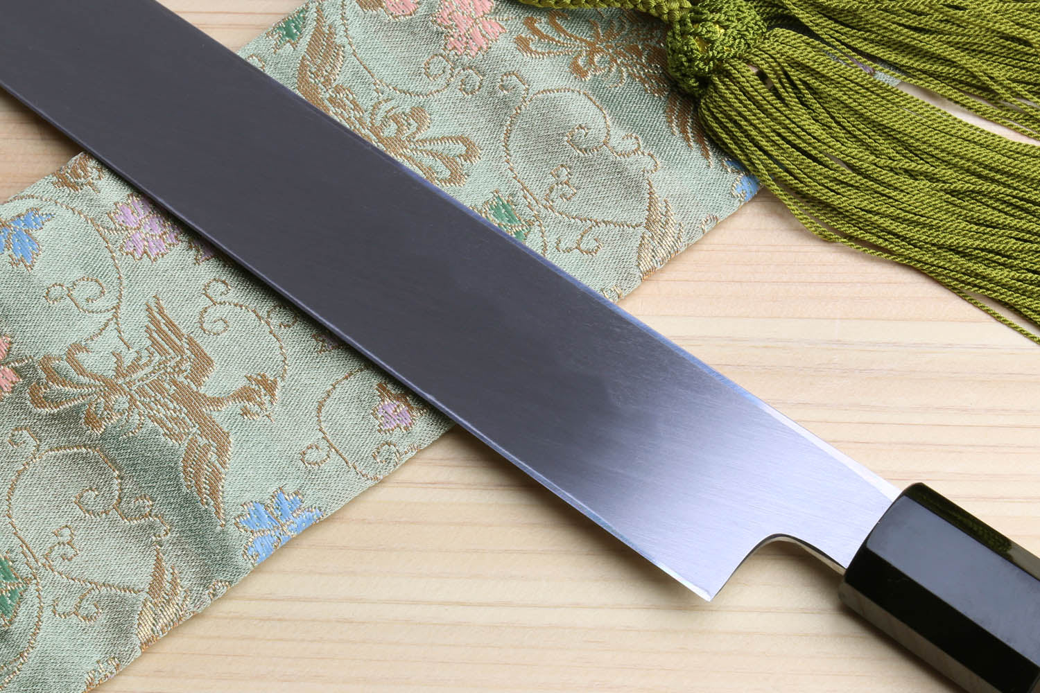 Yoshihiro Honyaki White Steel Mirror Finished Namiukashi Sakimaru Takobiki Sushi Sashimi Japanese Knife with Triple Nickel Silver Ring Ebony Handle