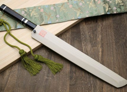 Yoshihiro Honyaki White Steel Mirror Finished Namiukashi Sakimaru Takobiki Sushi Sashimi Japanese Knife with Triple Nickel Silver Ring Ebony Handle