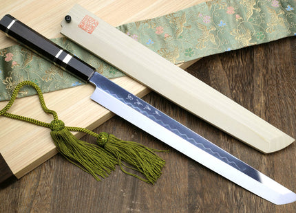 Yoshihiro Honyaki White Steel Mirror Finished Namiukashi Sakimaru Takobiki Sushi Sashimi Japanese Knife with Triple Nickel Silver Ring Ebony Handle