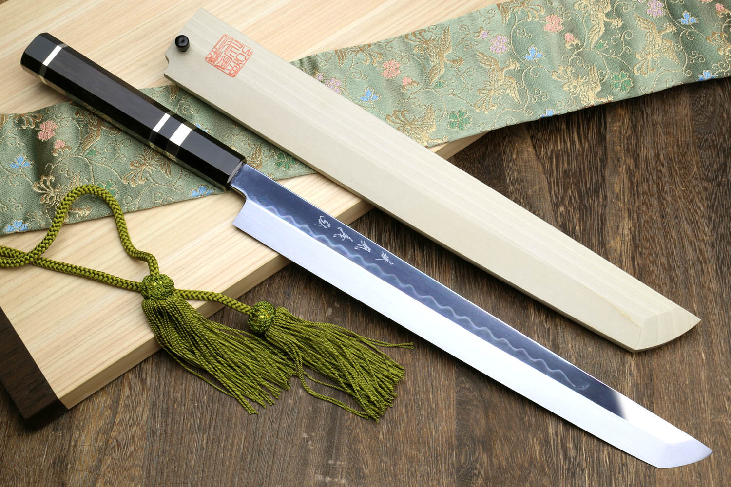 Yoshihiro Honyaki White Steel Mirror Finished Namiukashi Sakimaru Takobiki Sushi Sashimi Japanese Knife with Triple Nickel Silver Ring Ebony Handle