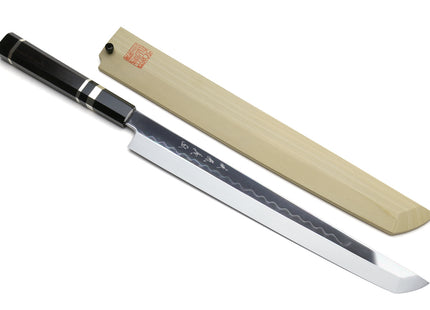 Yoshihiro Honyaki White Steel Mirror Finished Namiukashi Sakimaru Takobiki Sushi Sashimi Japanese Knife with Triple Nickel Silver Ring Ebony Handle