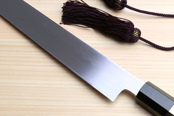 Yoshihiro Japanese sushi knife with mirror blade and striped ebony handle end caps